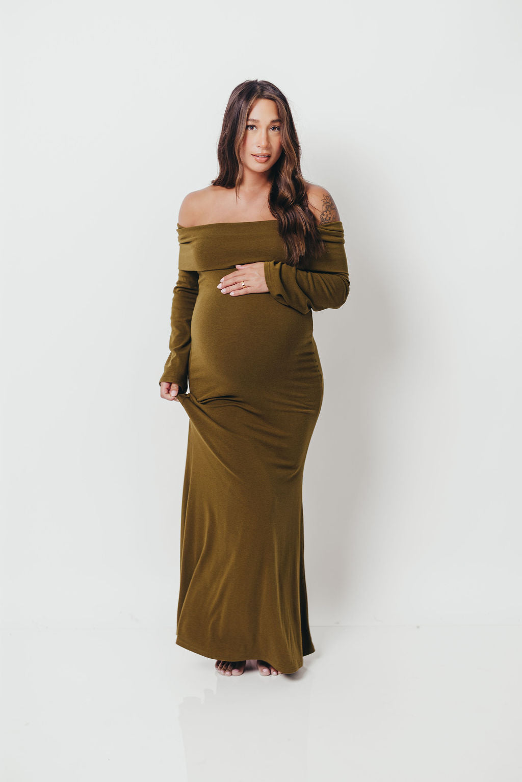 Monroe Maxi Dress with Long Sleeves in Olive Green- Bump Friendly *Final Sale*