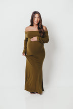 Monroe Maxi Dress with Long Sleeves in Olive Green- Bump Friendly *Final Sale*
