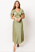 Lori Dull Satin Plunging Midi Dress in Creamy Sage