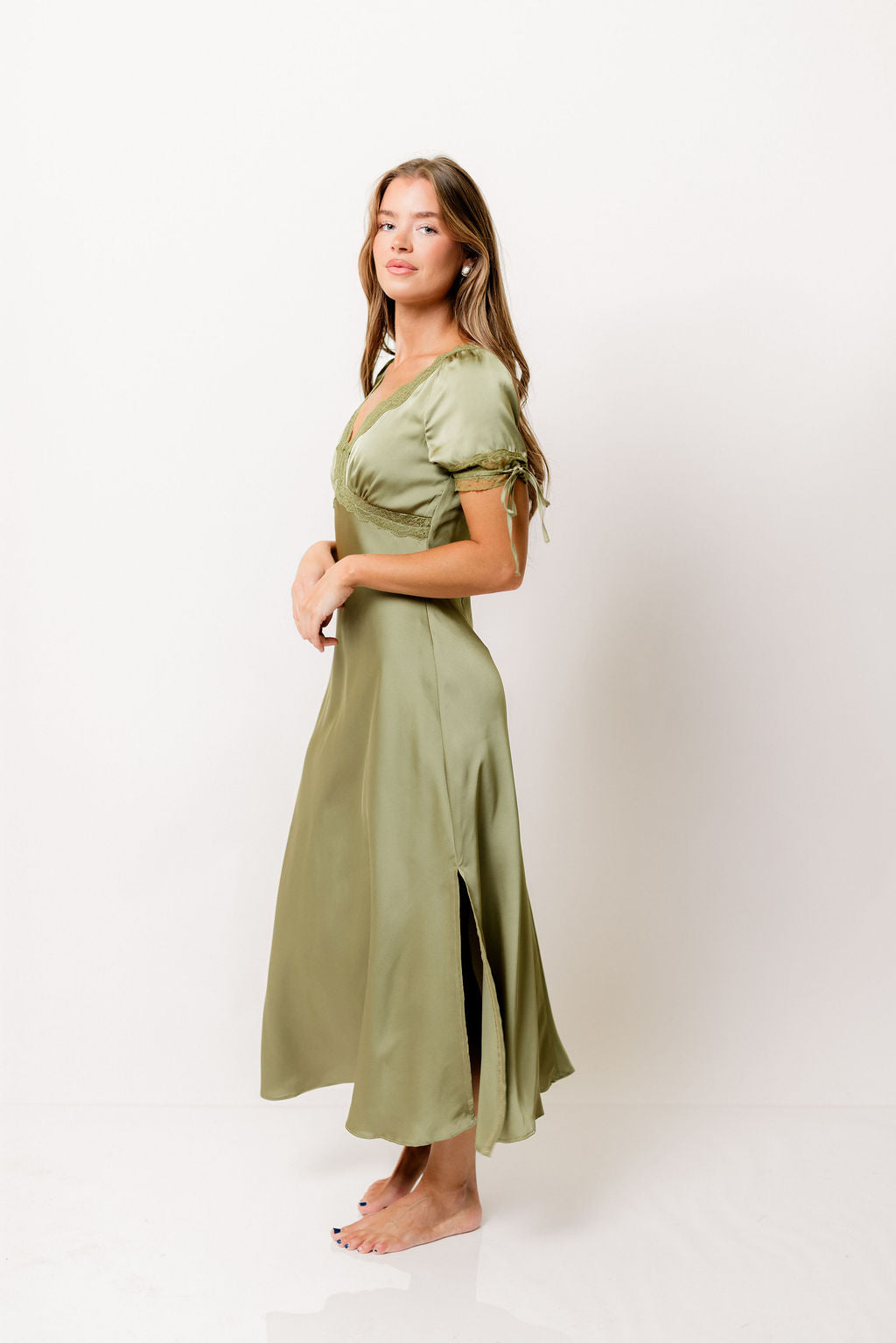 Lori Dull Satin Plunging Midi Dress in Creamy Sage