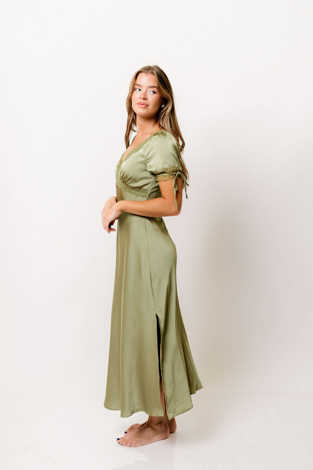 Lori Dull Satin Plunging Midi Dress in Creamy Sage