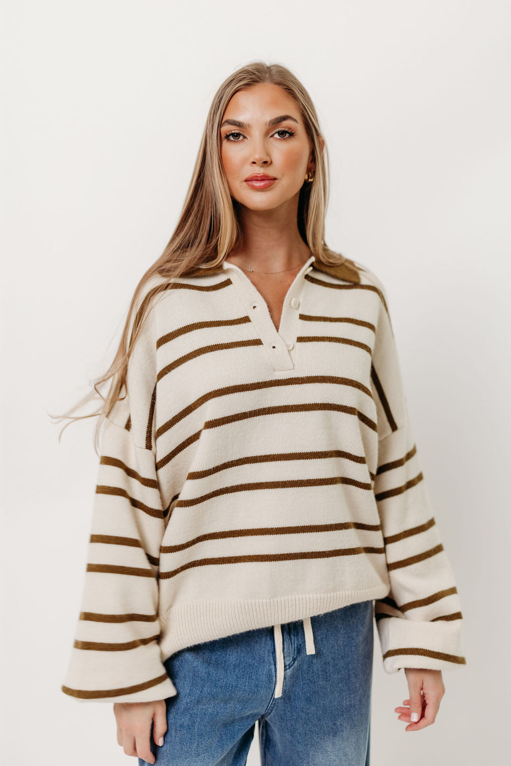 Juno Collared Sweater in Ivory Olive Stripe