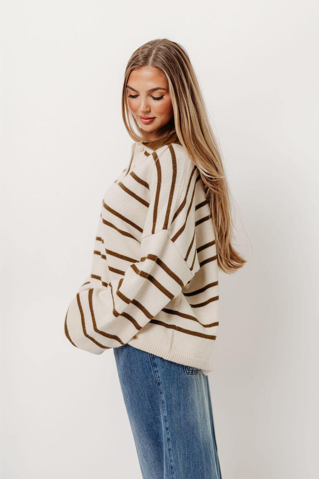 Juno Collared Sweater in Ivory Olive Stripe