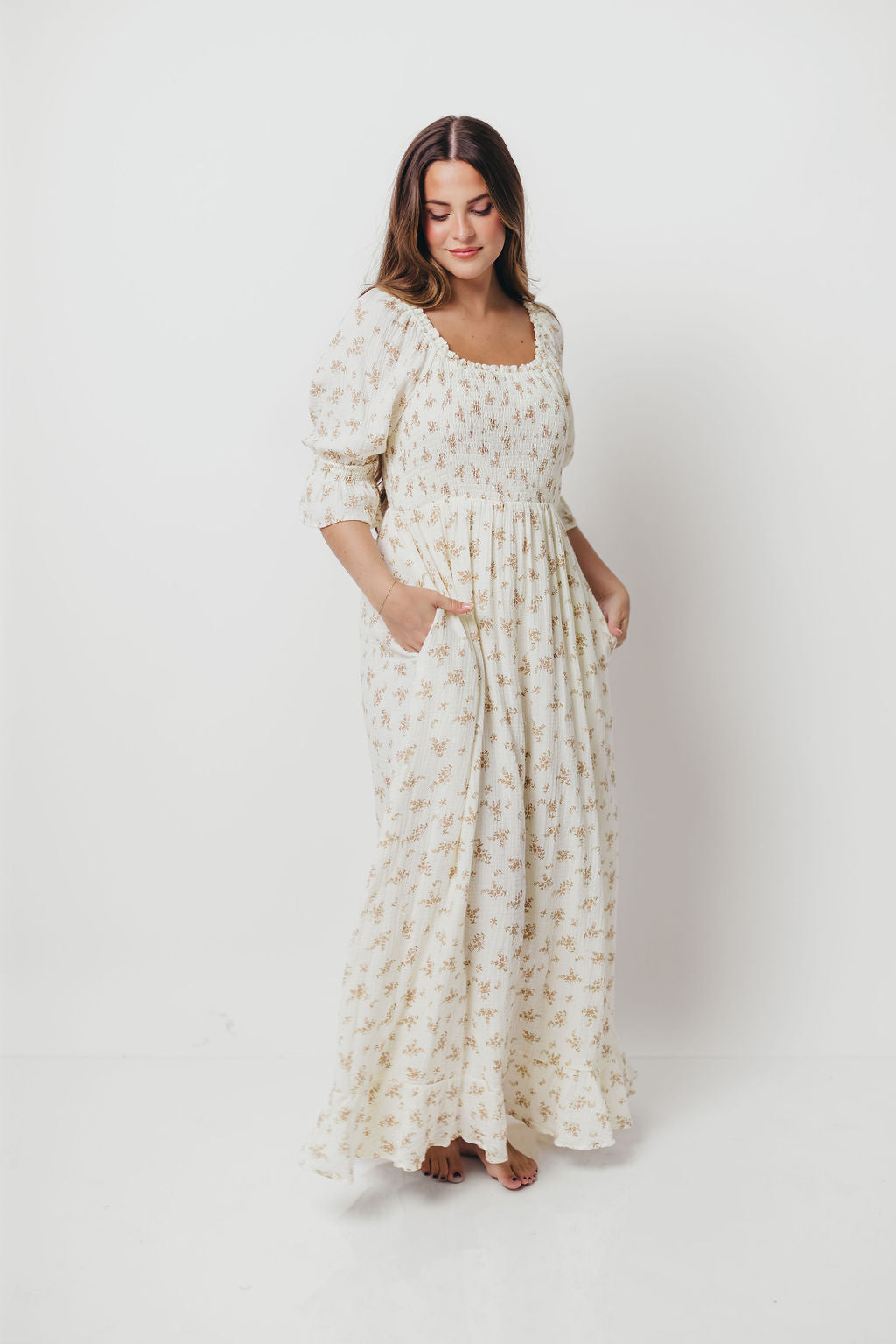 Sienna 100% Cotton Puff Sleeve Maxi Dress in Cream - Bump Friendly