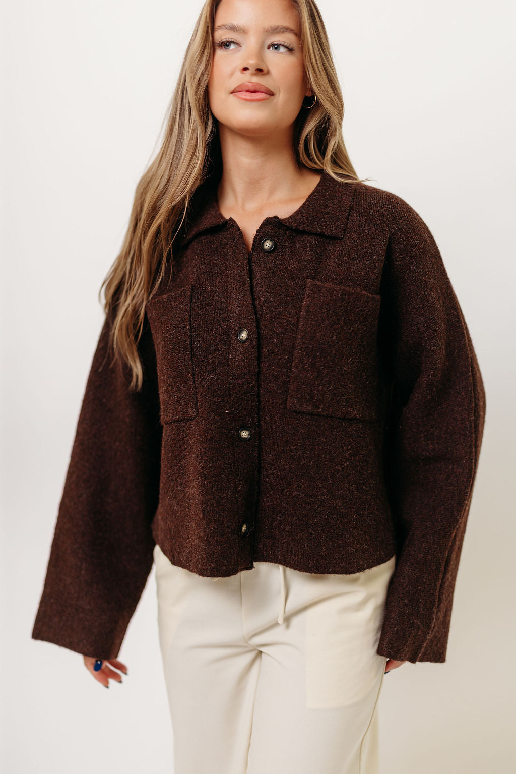 Monica Collared Cardigan Top in Brown
