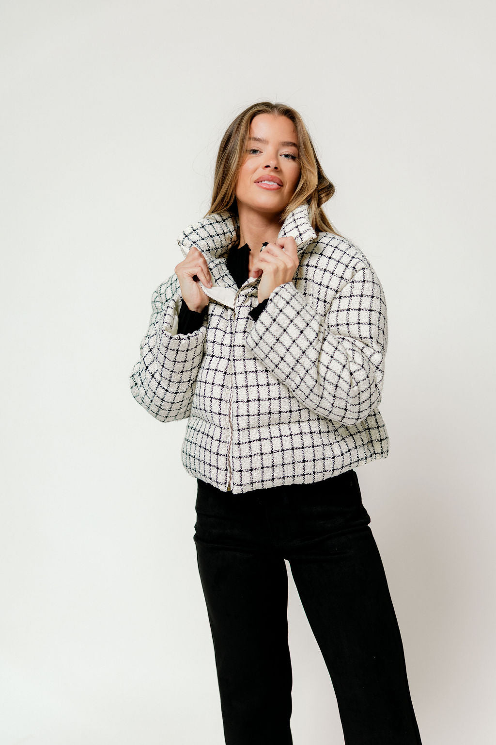 Anastasia Tweed Puff Jacket in Ecru/Black