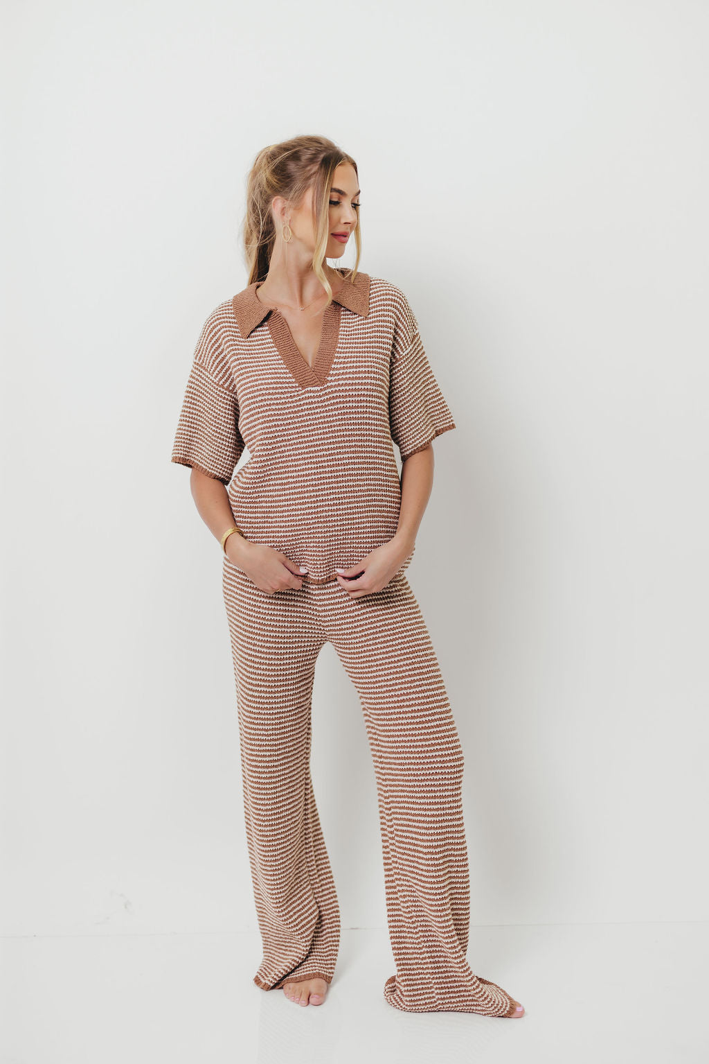 Torrance Short Sleeve Sweater Top and Pants Set in Mocha Cream