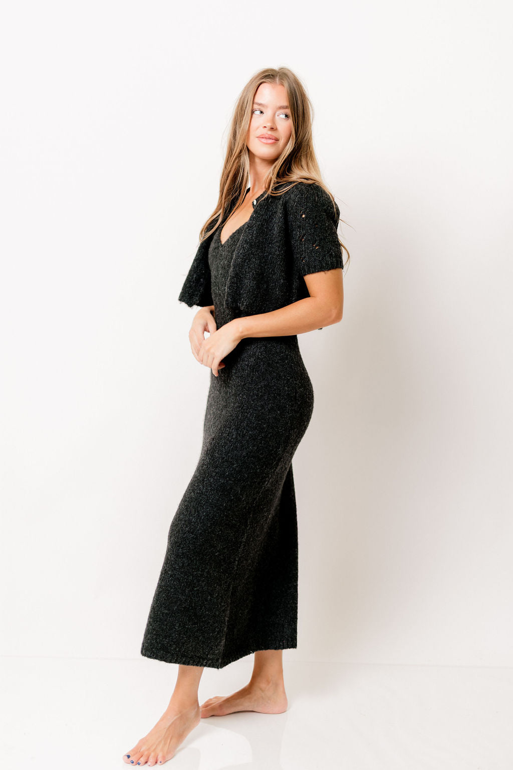 Meli Sweater Dress with Cropped Short Sleeve Cardigan in Charcoal