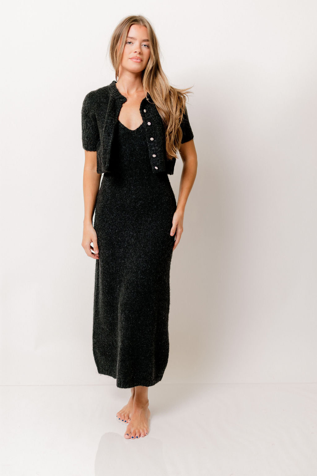 Meli Sweater Dress with Cropped Short Sleeve Cardigan in Charcoal