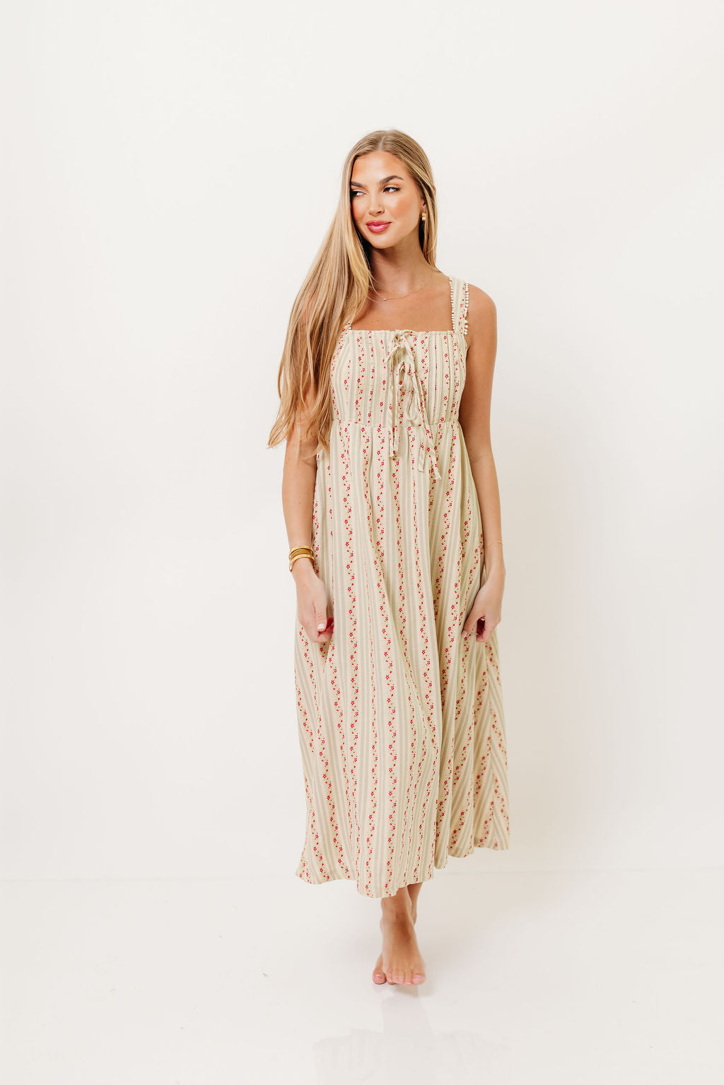 Haley Mae Cotton Floral Embroidered Striped Midi Dress in Sage