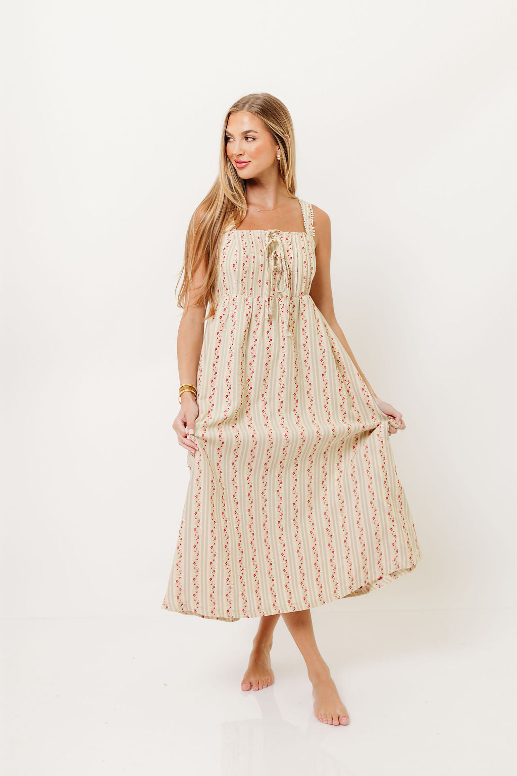 Haley Mae Cotton Floral Embroidered Striped Midi Dress in Sage