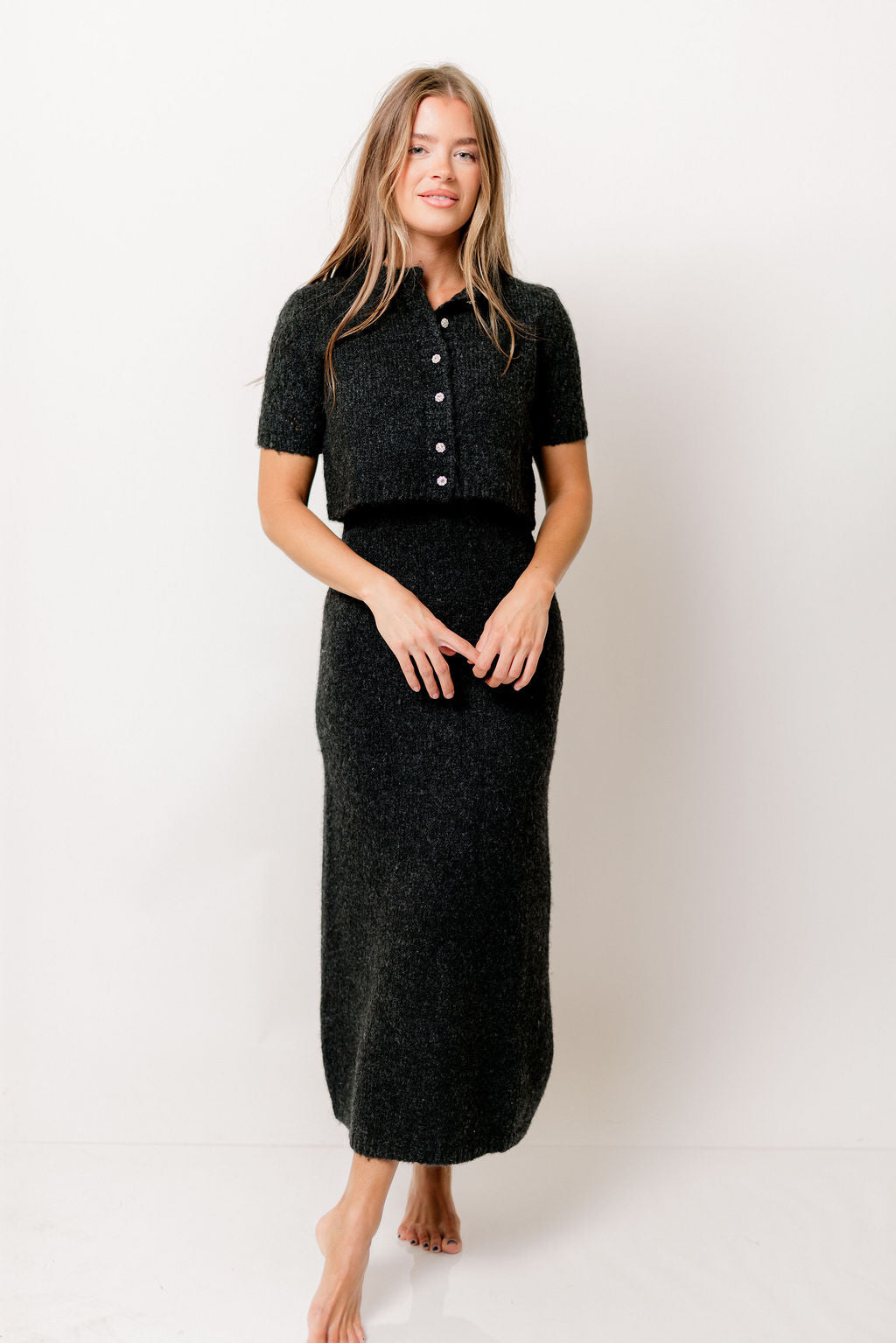 Meli Sweater Dress with Cropped Short Sleeve Cardigan in Charcoal