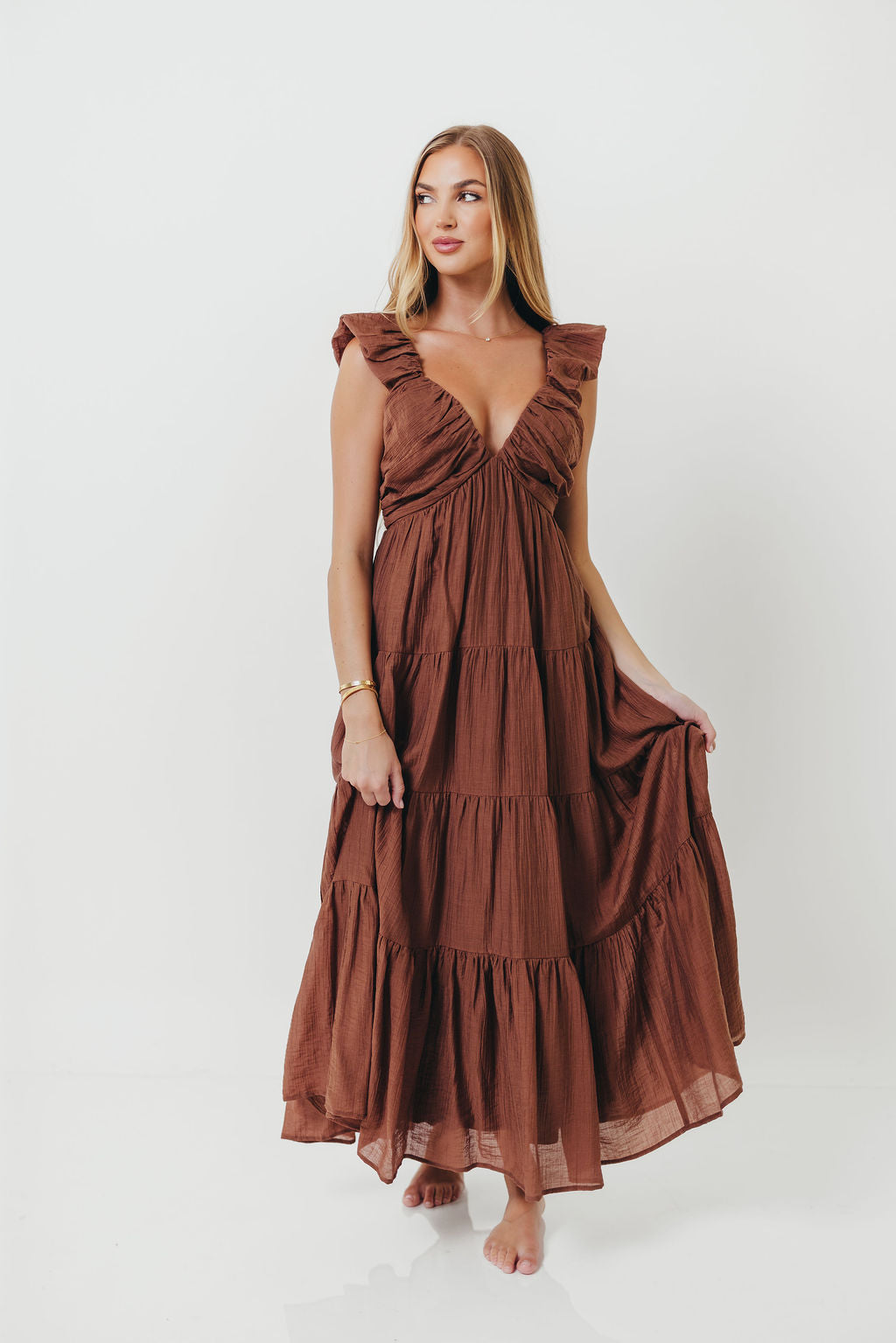 Katy Pleated Bodice Maxi Dress in Hazelnut - Bump Friendly