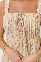 Haley Mae Cotton Floral Embroidered Striped Midi Dress in Sage