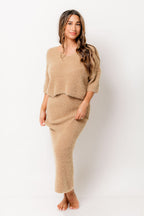 Clarissa Fuzzy Top and Midi Skirt Set in Camel