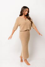 Clarissa Fuzzy Top and Midi Skirt Set in Camel