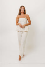 Keira 100% Cotton Bow Trim Peplum Top in Cream