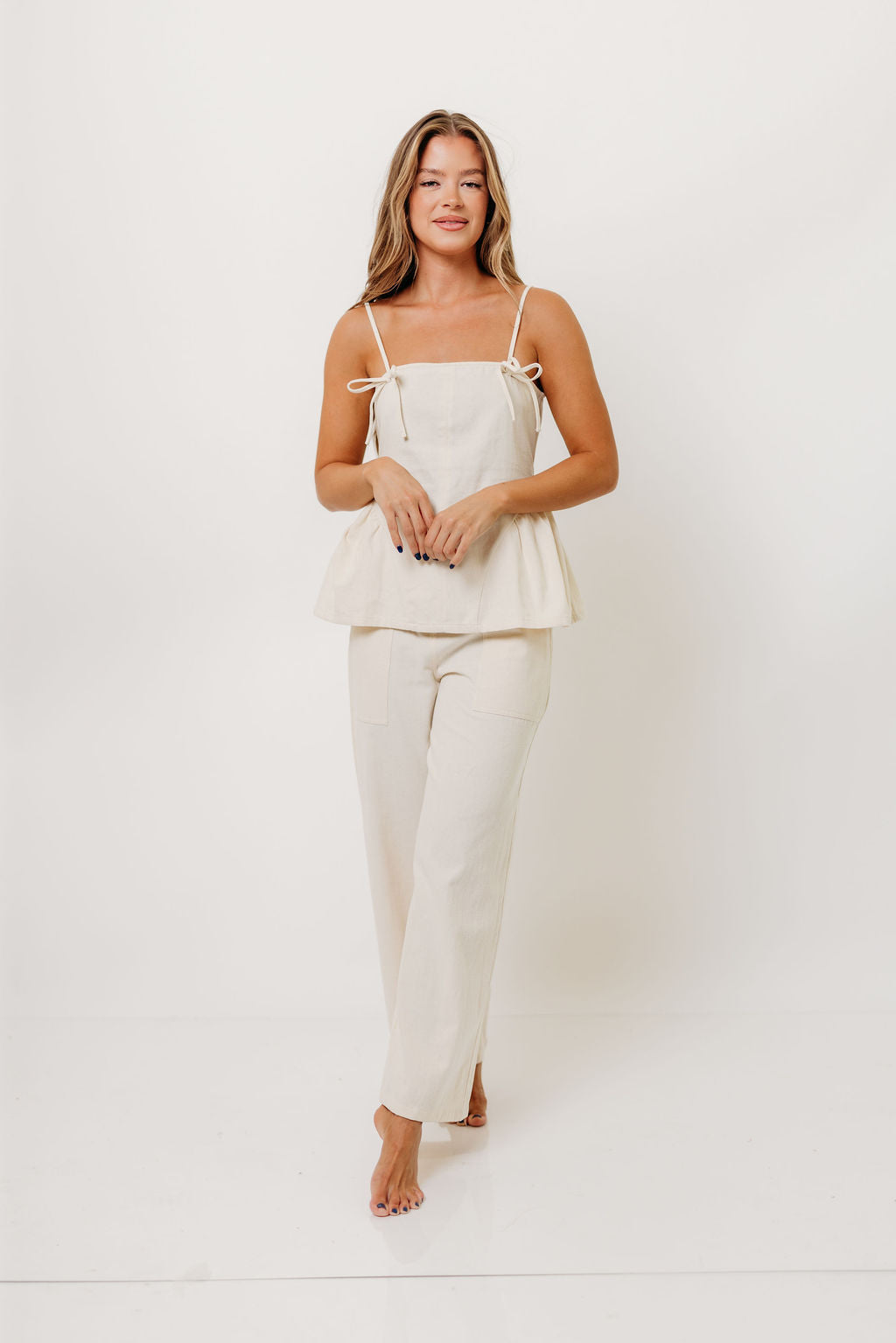 Keira 100% Cotton Bow Trim Peplum Top in Cream