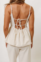 Keira 100% Cotton Bow Trim Peplum Top in Cream