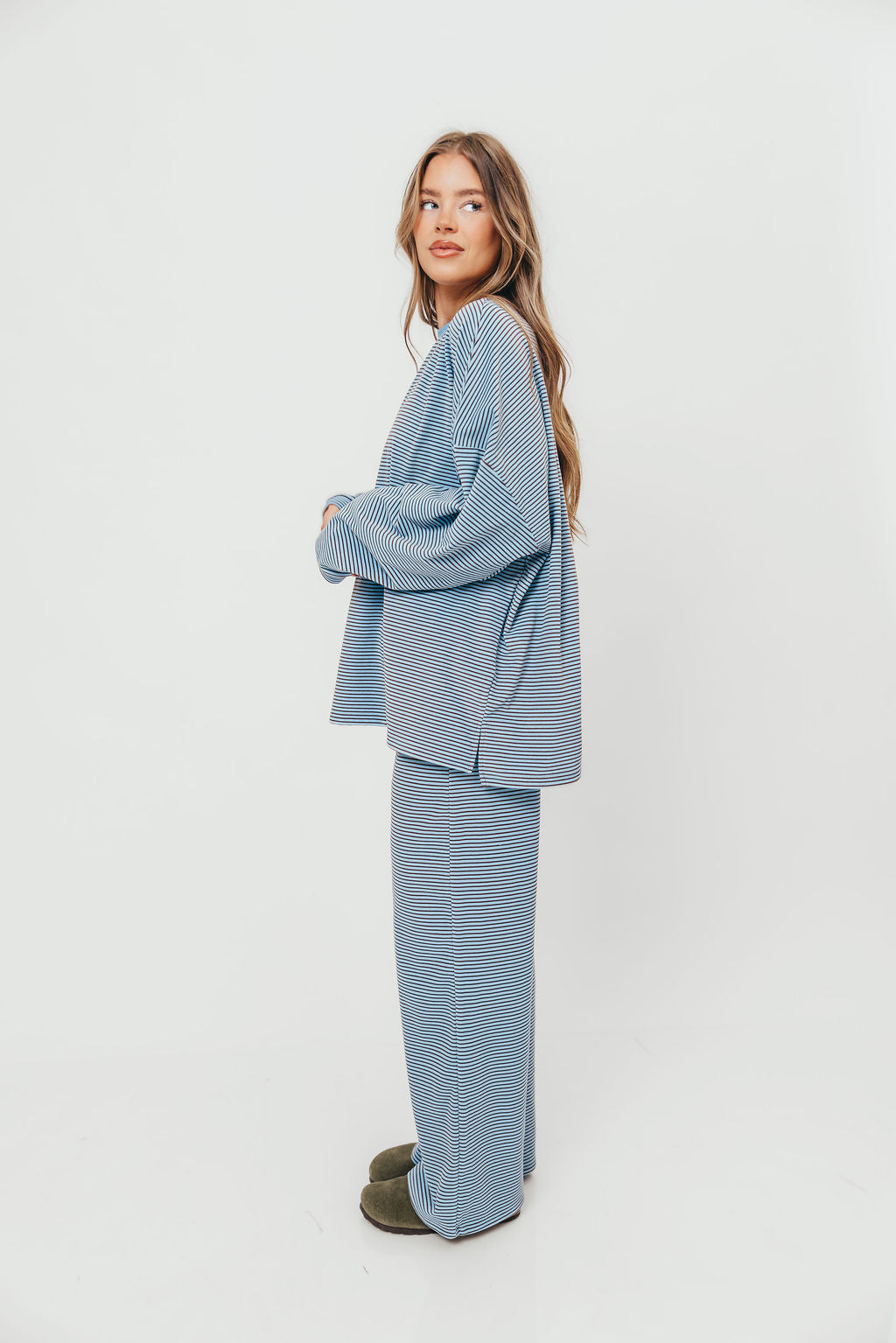 Naomi Striped Fleece Oversized Top in Blue