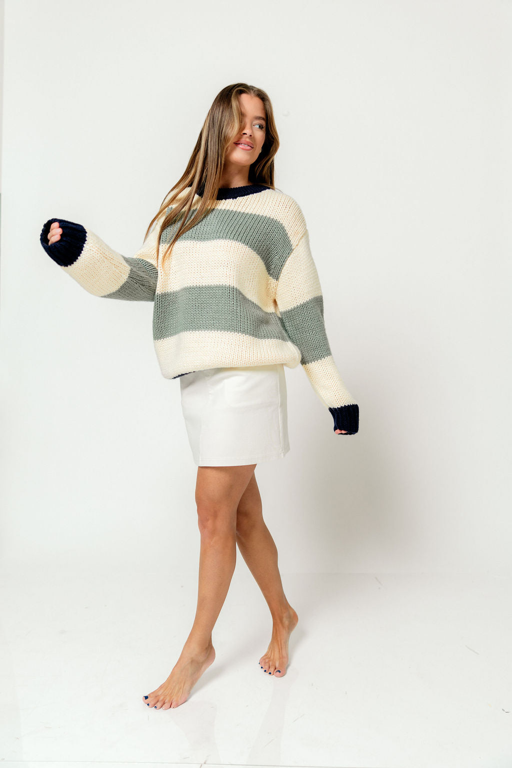 Petey Wide Stripe Sweater in Navy/Sage