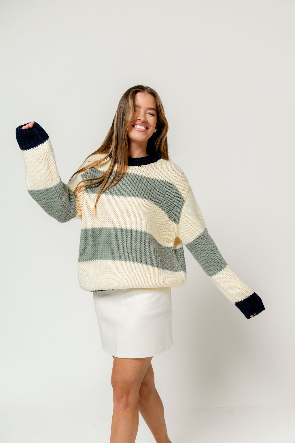 Petey Wide Stripe Sweater in Navy/Sage