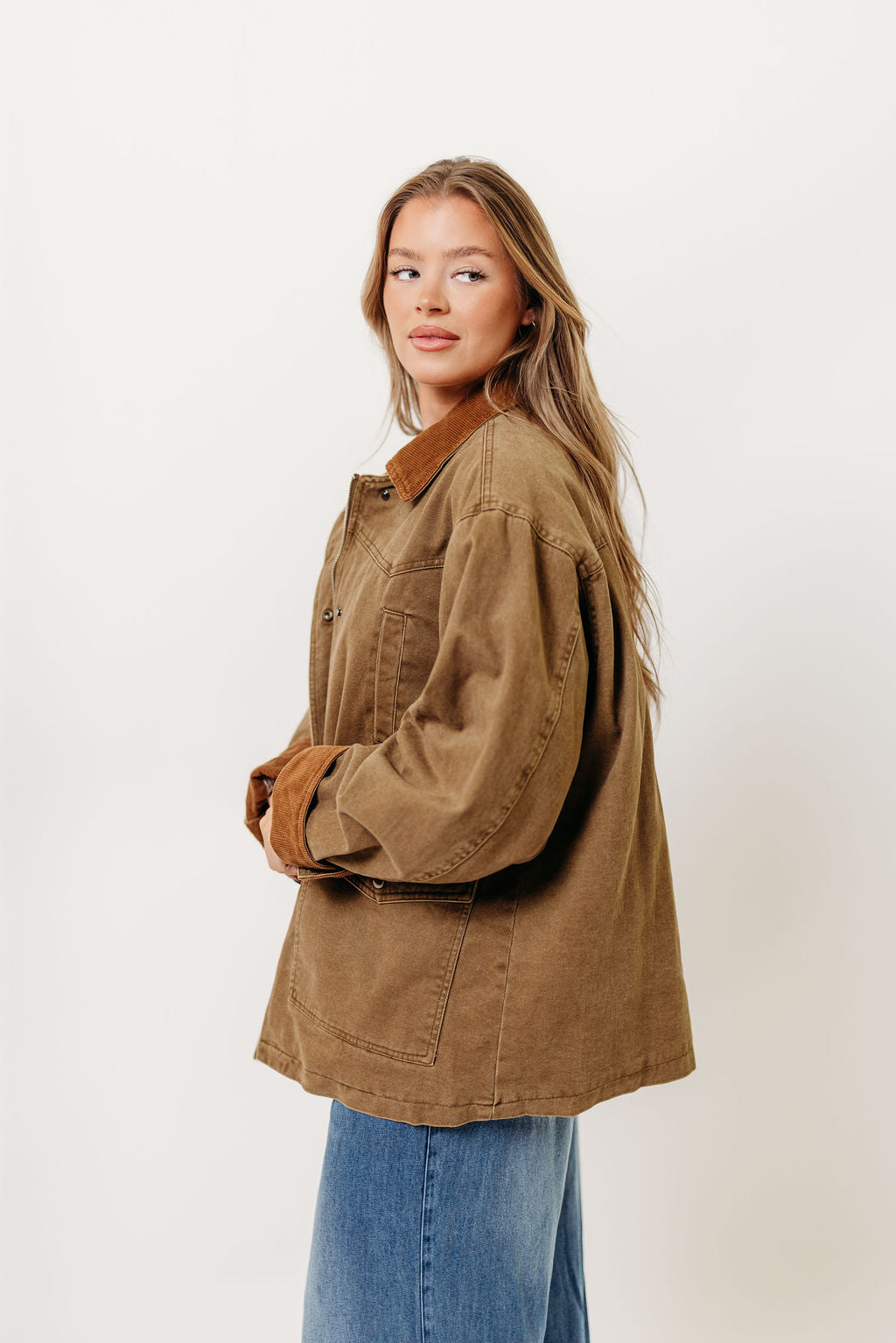 Sable 100% Cotton Field Collared Jacket in Olive Brown
