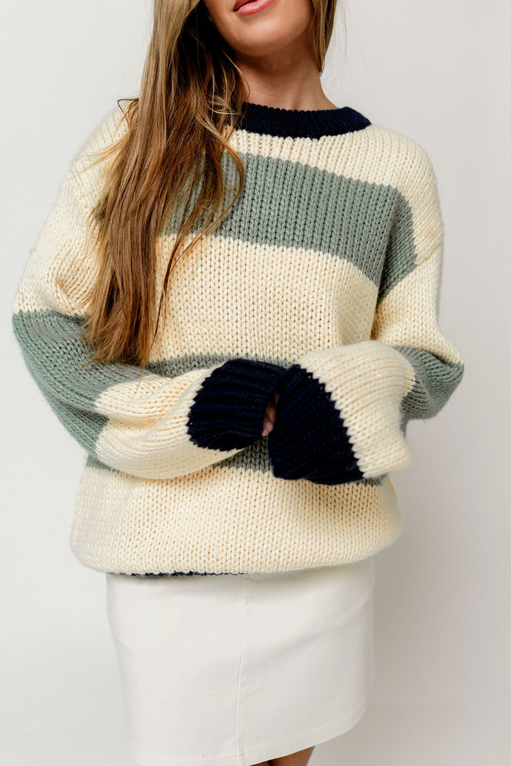 Petey Wide Stripe Sweater in Navy/Sage
