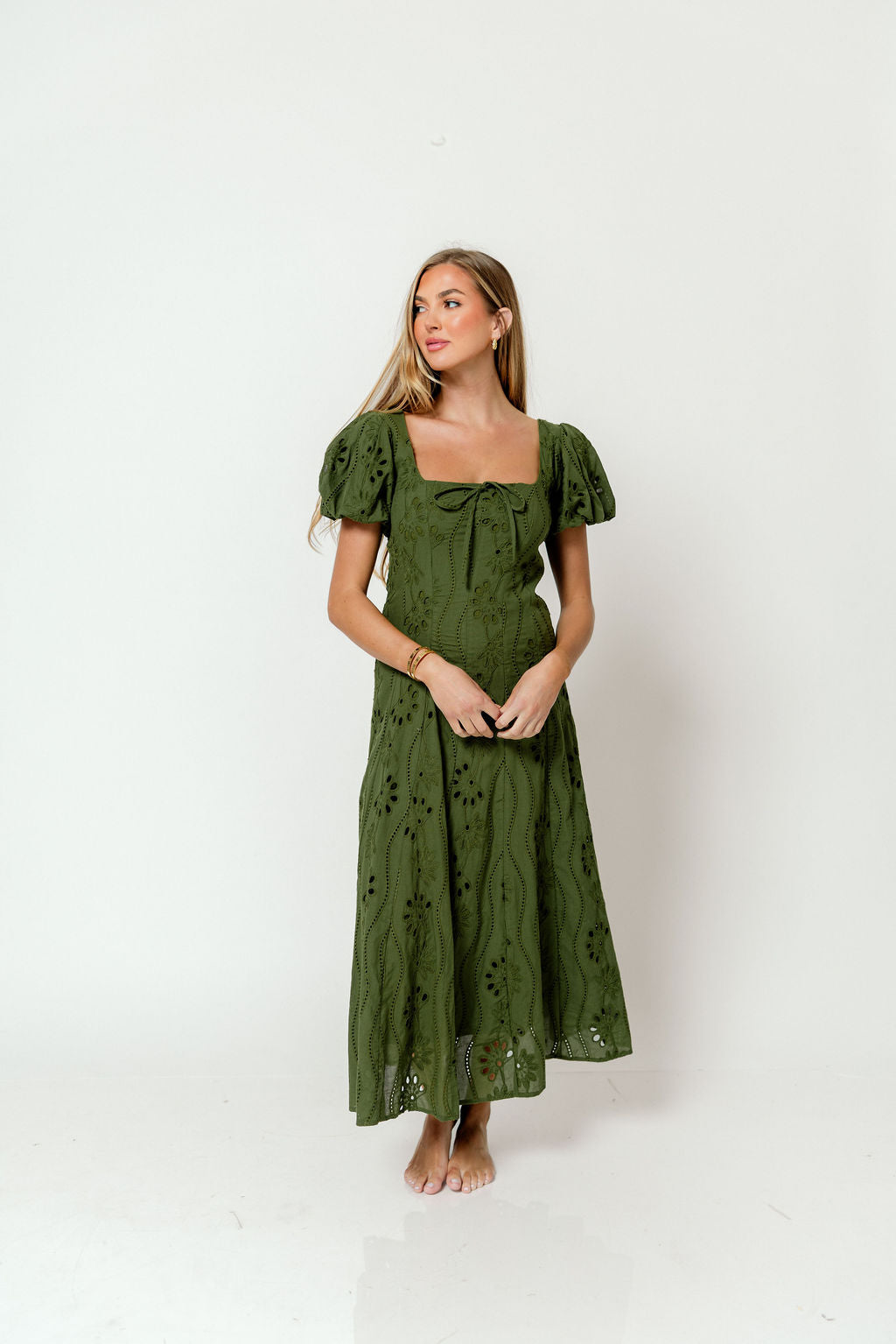 Georgia Embroidered Puff Sleeve Midi Dress in Olive