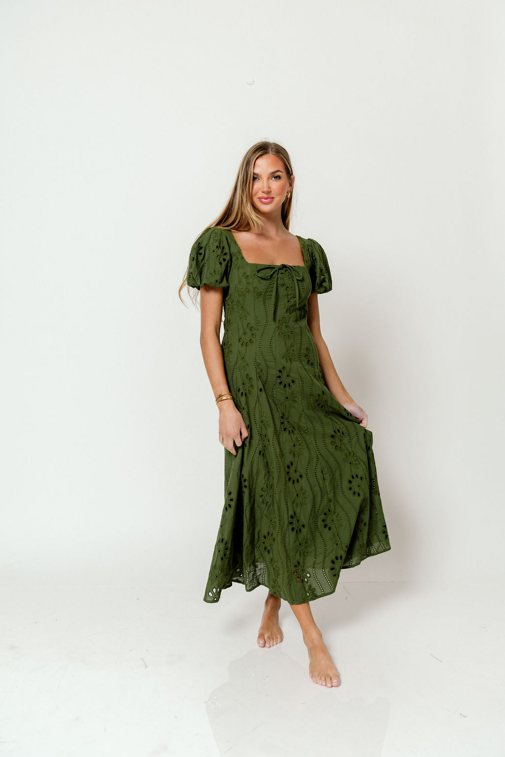 Georgia Embroidered Puff Sleeve Midi Dress in Olive