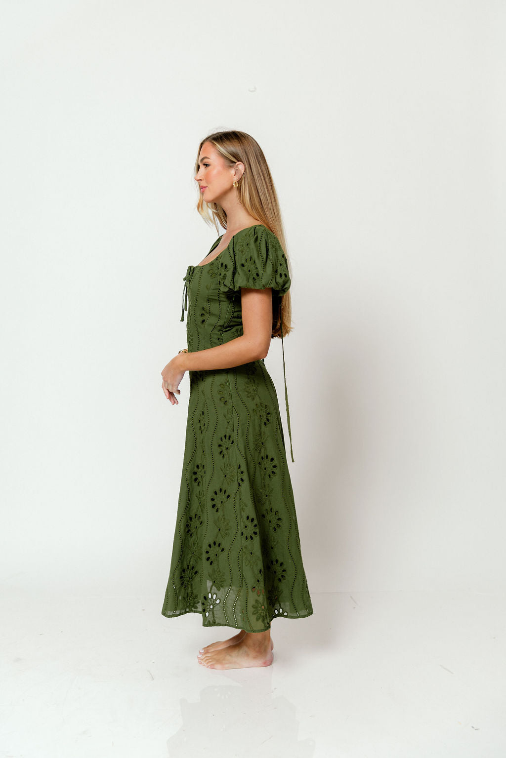 Georgia Embroidered Puff Sleeve Midi Dress in Olive