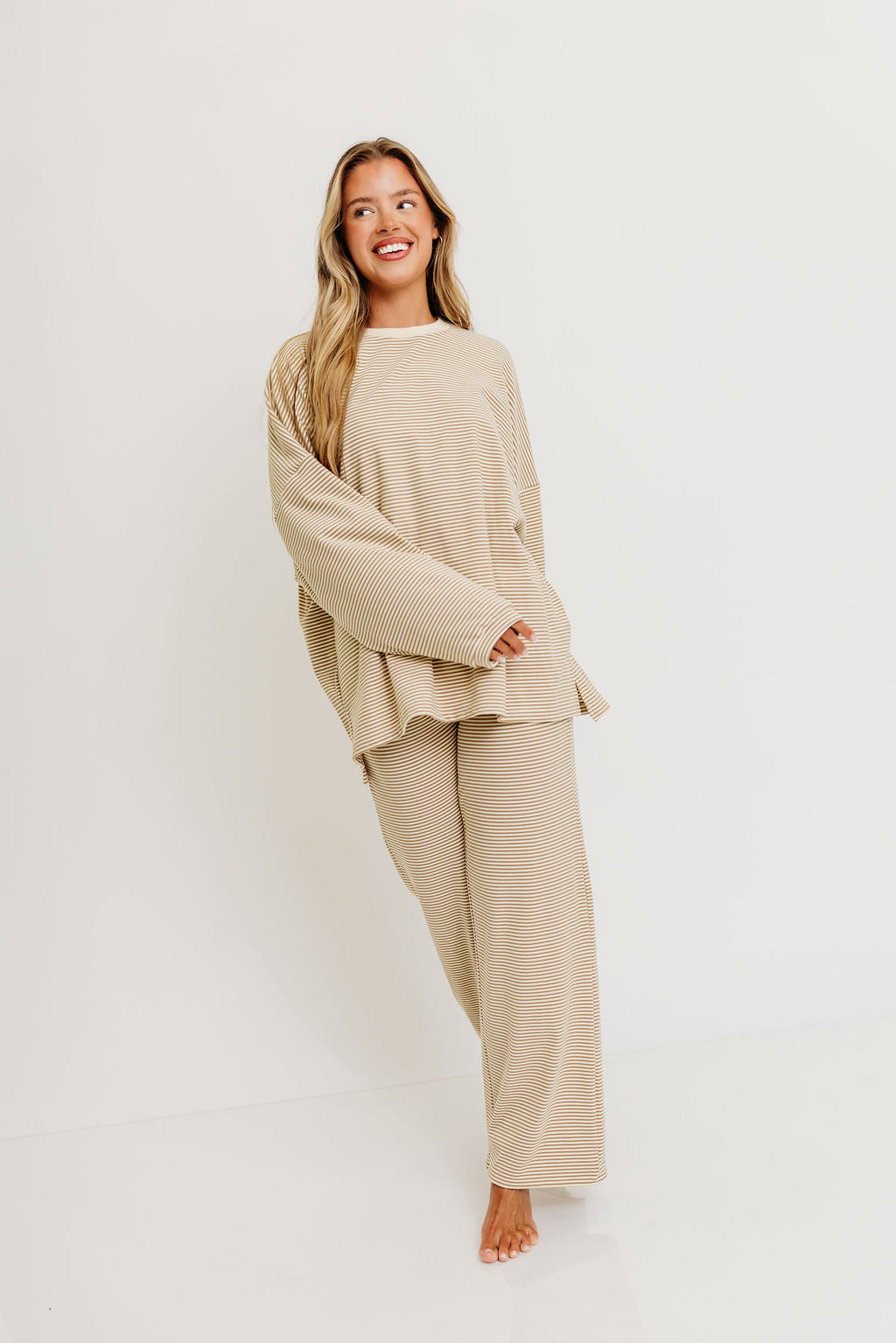 Campbell Striped Fleece Lounge Pants in Beige