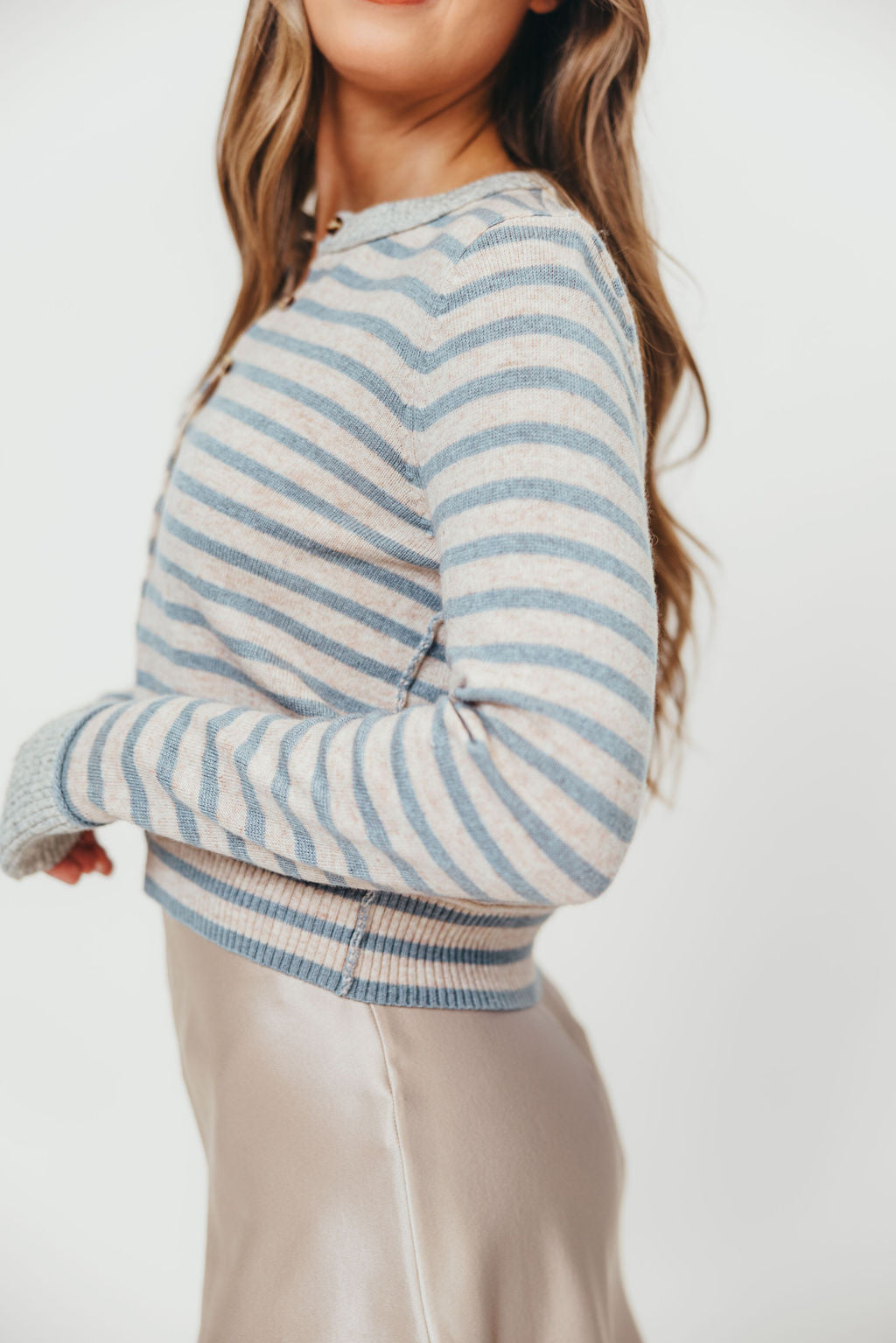 Rae Striped Cardigan Top in Sky Blue/Oat/Grey