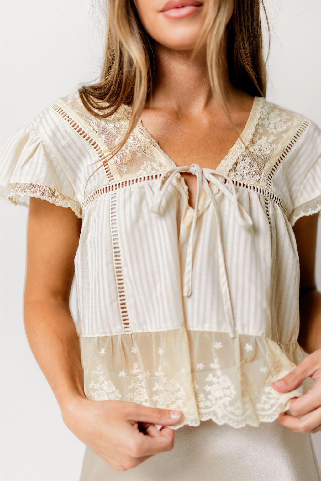 Lexi Lace Trimmed Blouse in Sand