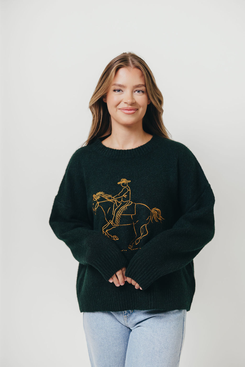 Virginia Embroidered Cowboy Knit Sweater in Deep Forest *Final Sale*