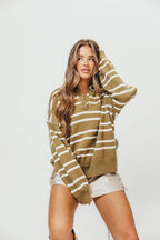 Juno Striped Collared Sweater in Olive