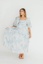 Melody Maxi Dress with Pleats and Bow Detail in Blue Floral - Bump Friendly & Inclusive Sizing (S-3XL)