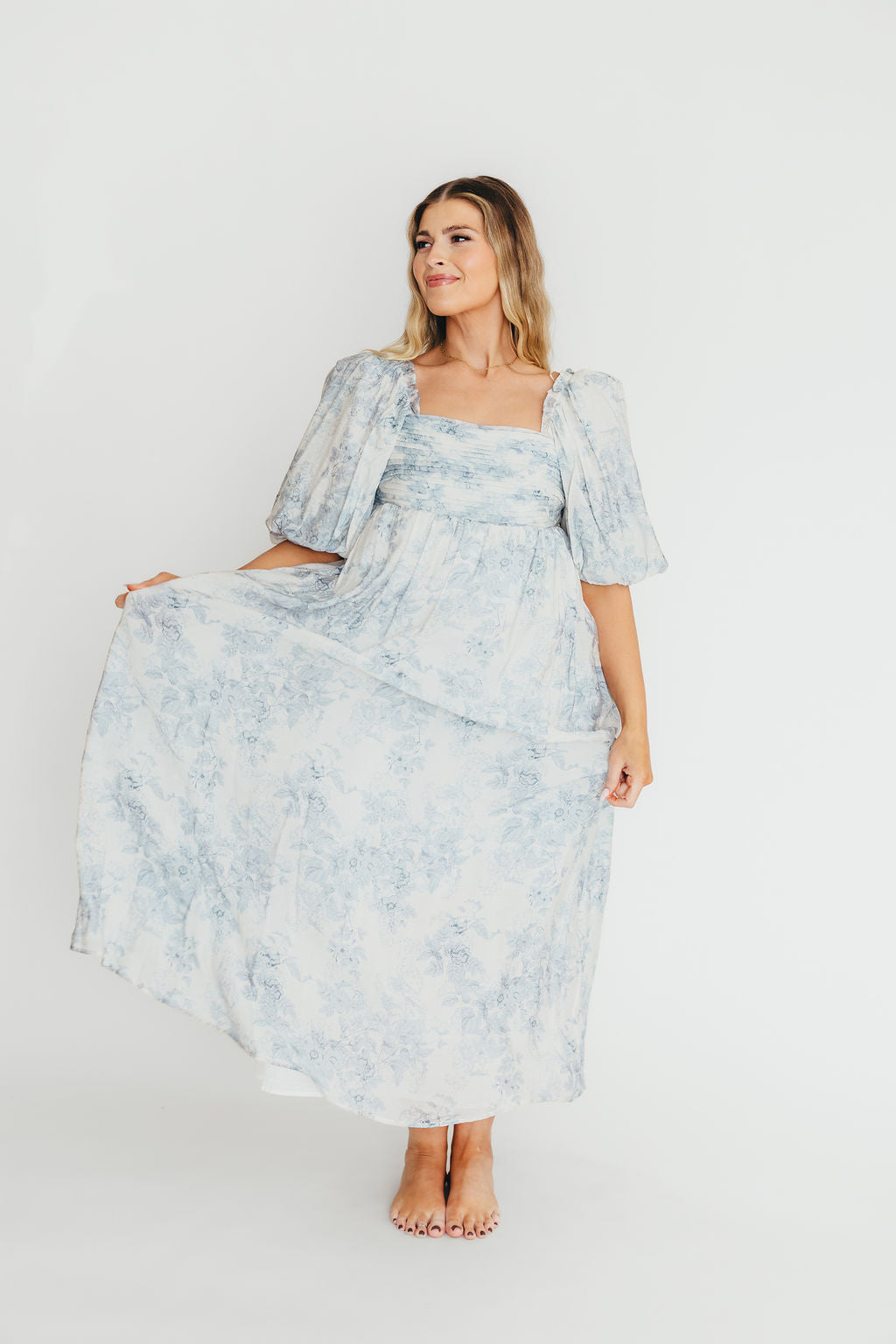 Melody Maxi Dress with Pleats and Bow Detail in Blue Floral - Bump Friendly & Inclusive Sizing (S-3XL)