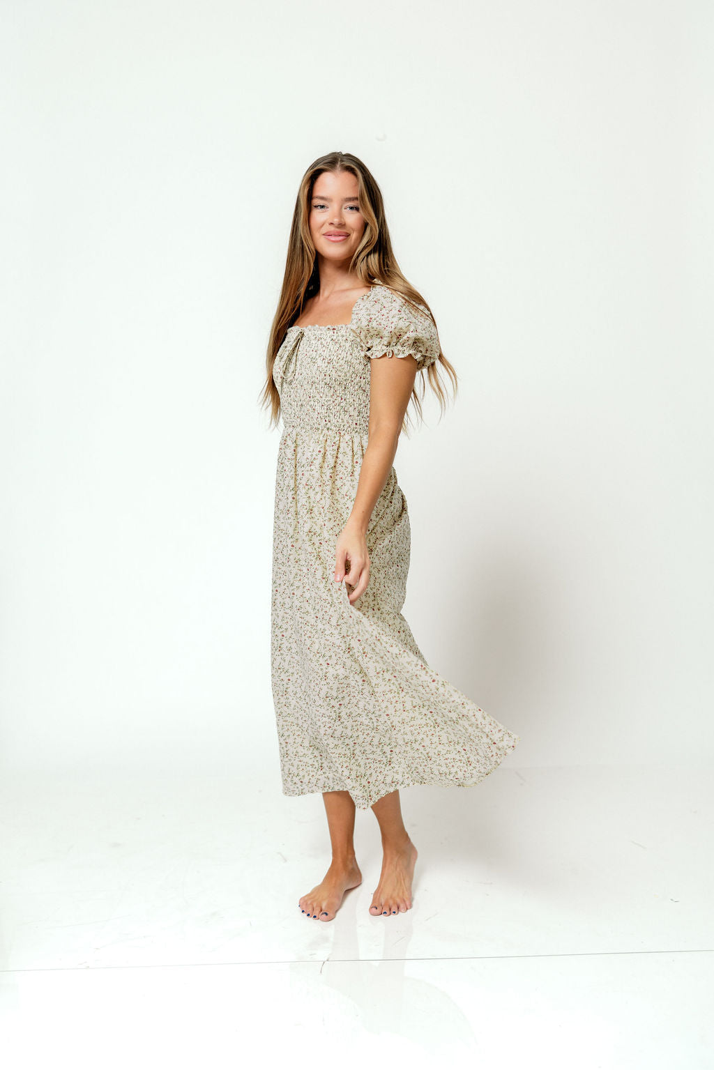 Nya 100% Cotton Smocked Midi Dress in Beige/Red Floral