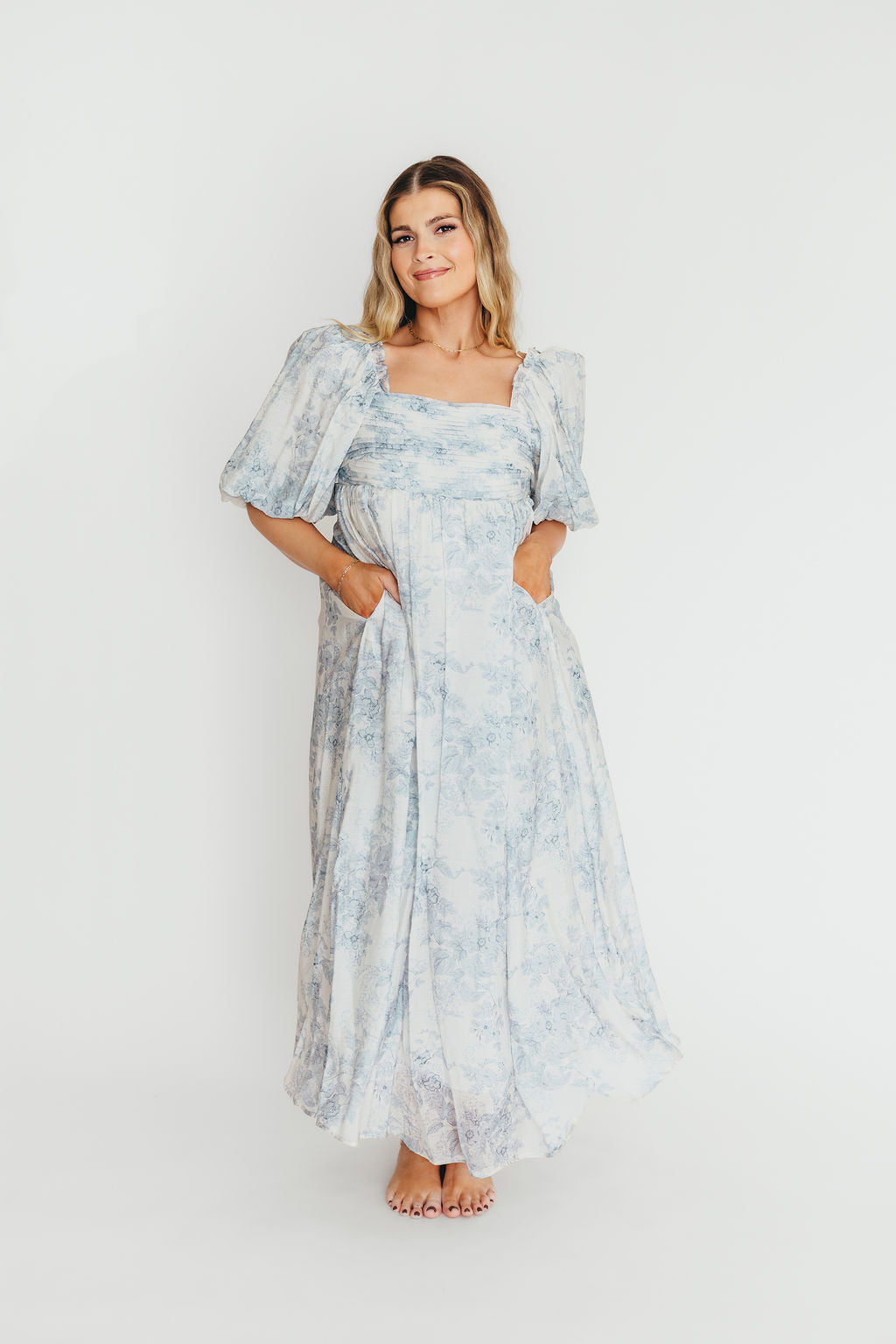 Melody Maxi Dress with Pleats and Bow Detail in Blue Floral - Bump Friendly & Inclusive Sizing (S-3XL)