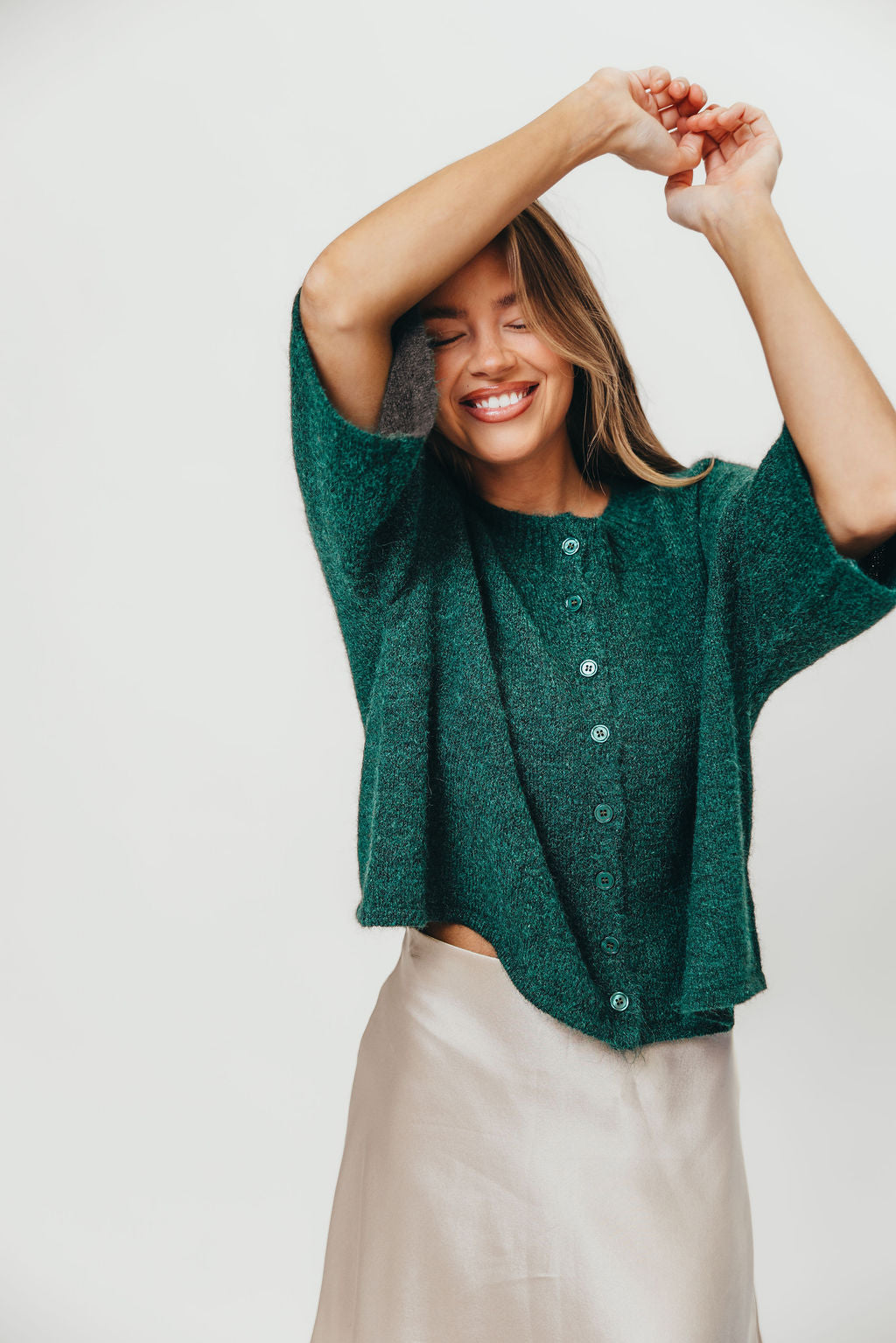 Chutney Button-Up Half Sleeve Knit Cardigan Top in Hunter Green *Final-Sale*
