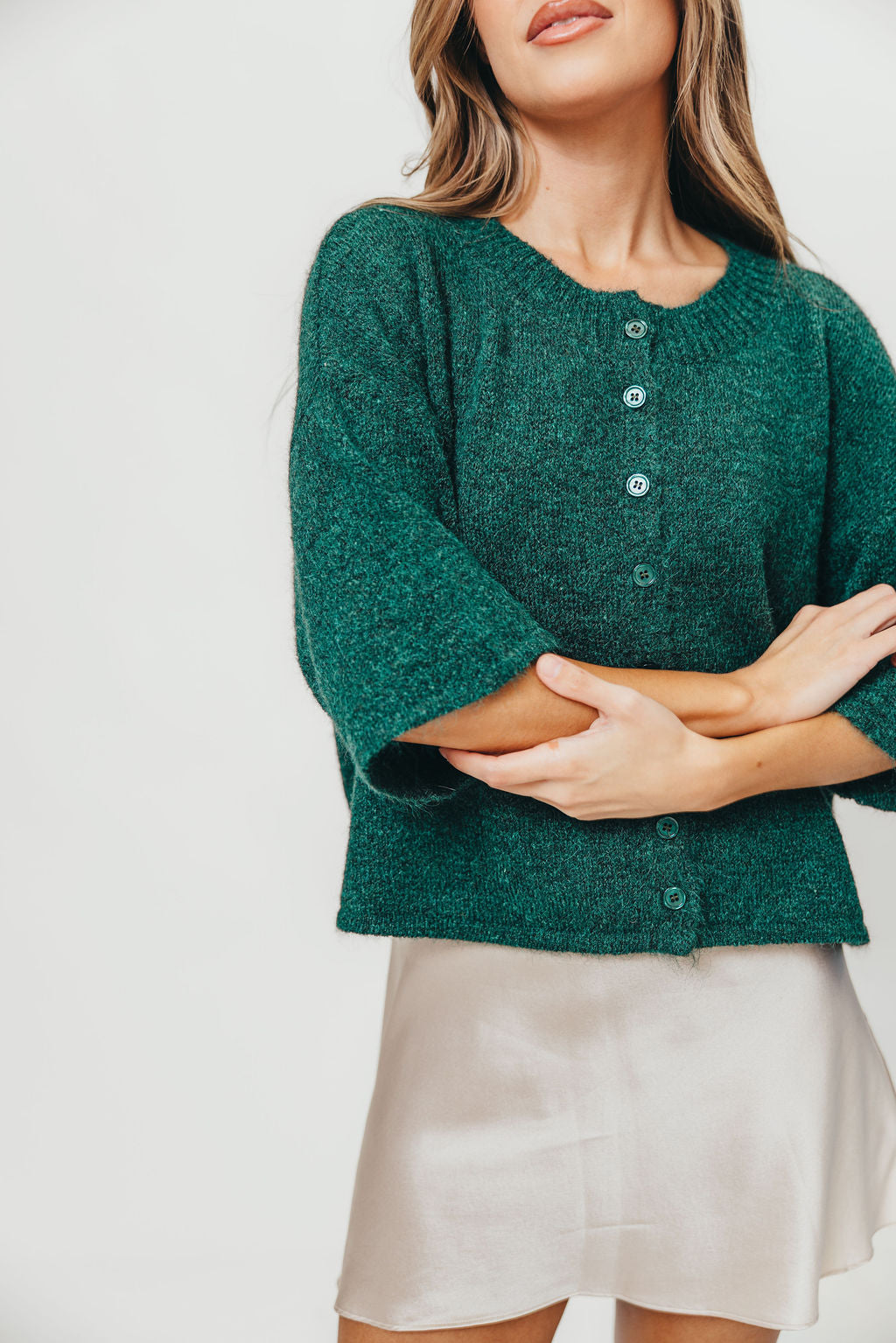 Chutney Button-Up Half Sleeve Knit Cardigan Top in Hunter Green *Final-Sale*