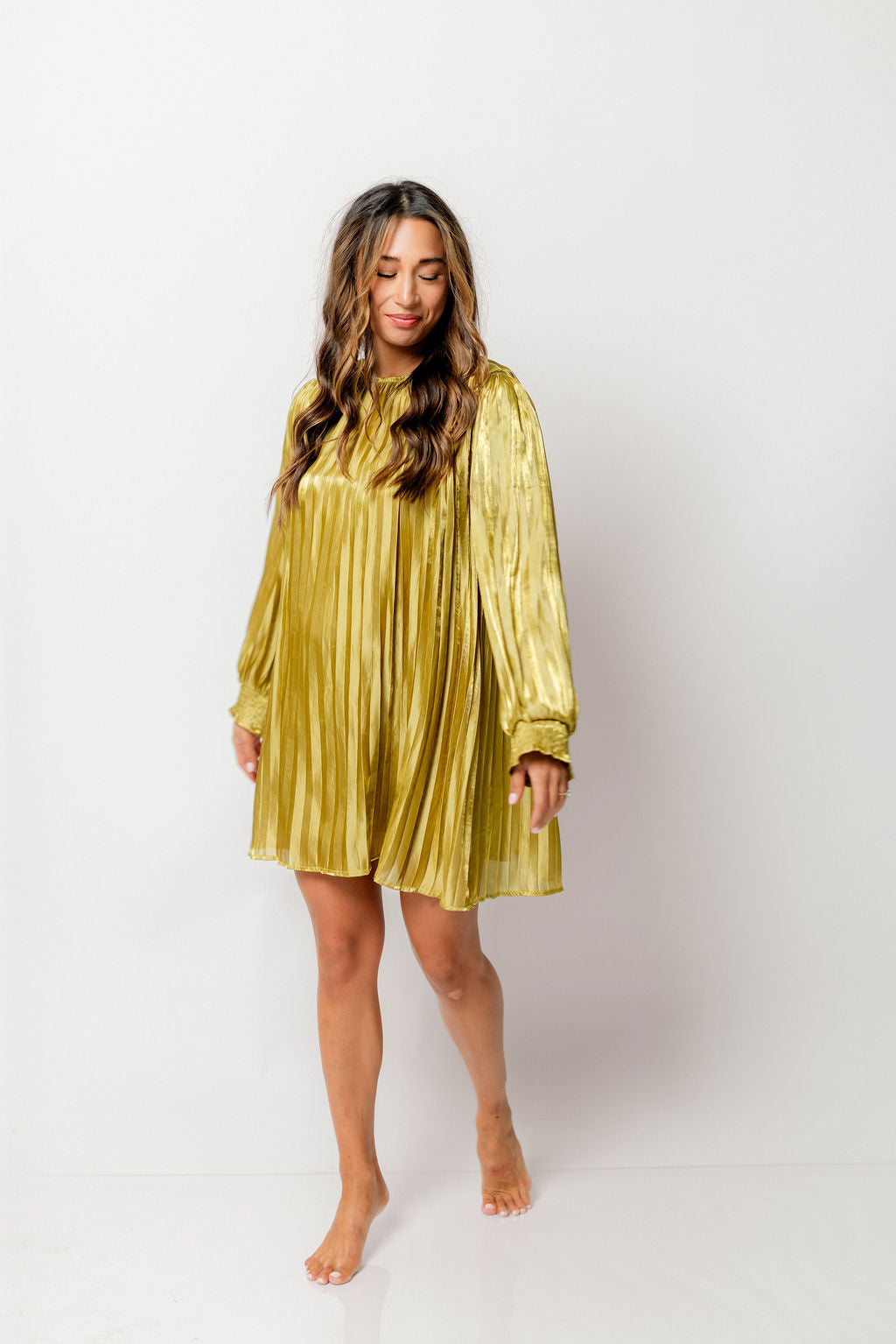 Sabine Metallic Pleated Mini Dress in Olive *Final Sale*