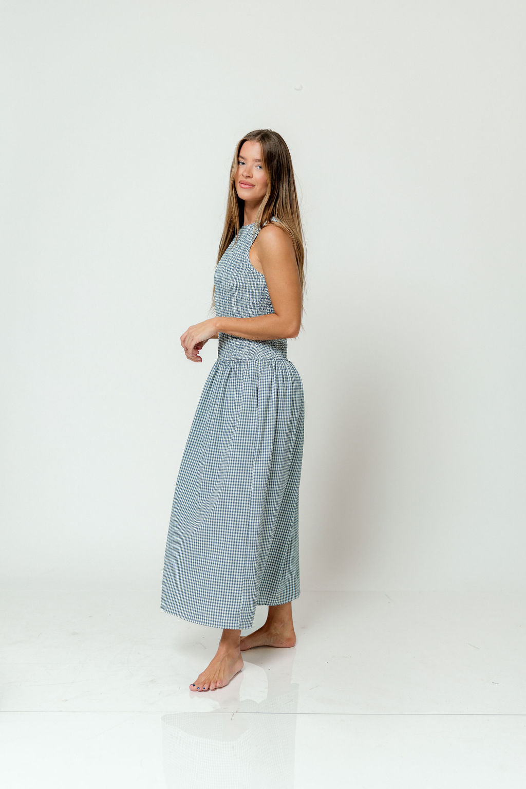 Cora Gingham Maxi Dress in Blue
