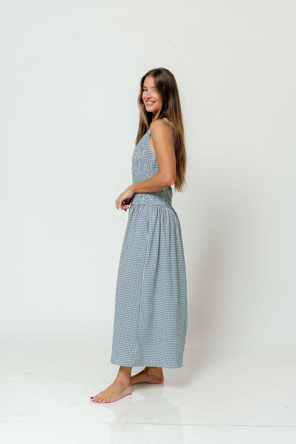 Cora Gingham Maxi Dress in Blue