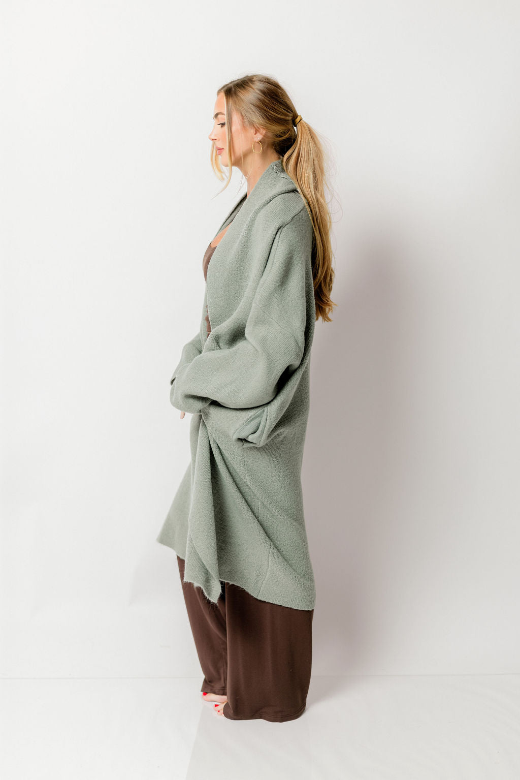 Misha Longline Open Front Duster Sweater in Sage Green