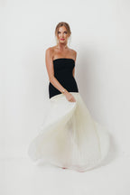 Litzy Strapless Fit Bodice Pleated Skirt Mix Maxi Dress in Cream