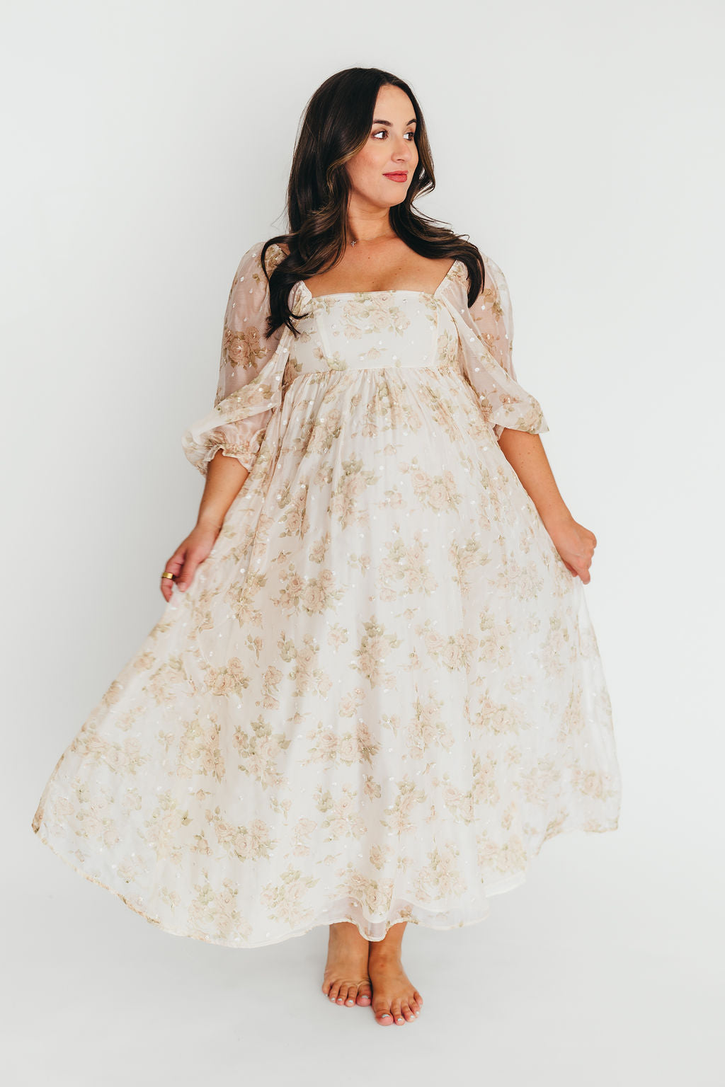 Mona Maxi Dress with Smocking in Cream Floral - Bump Friendly & Inclusive Sizing (S-3XL)