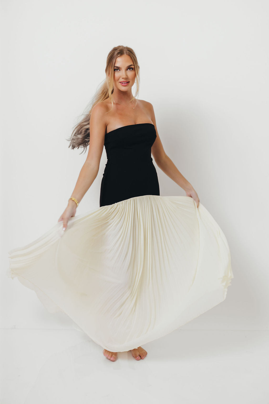 Litzy Strapless Fit Bodice Pleated Skirt Mix Maxi Dress in Cream