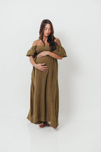 Candace Woven Linen Maxi Dress in Dark Olive - Bump Friendly